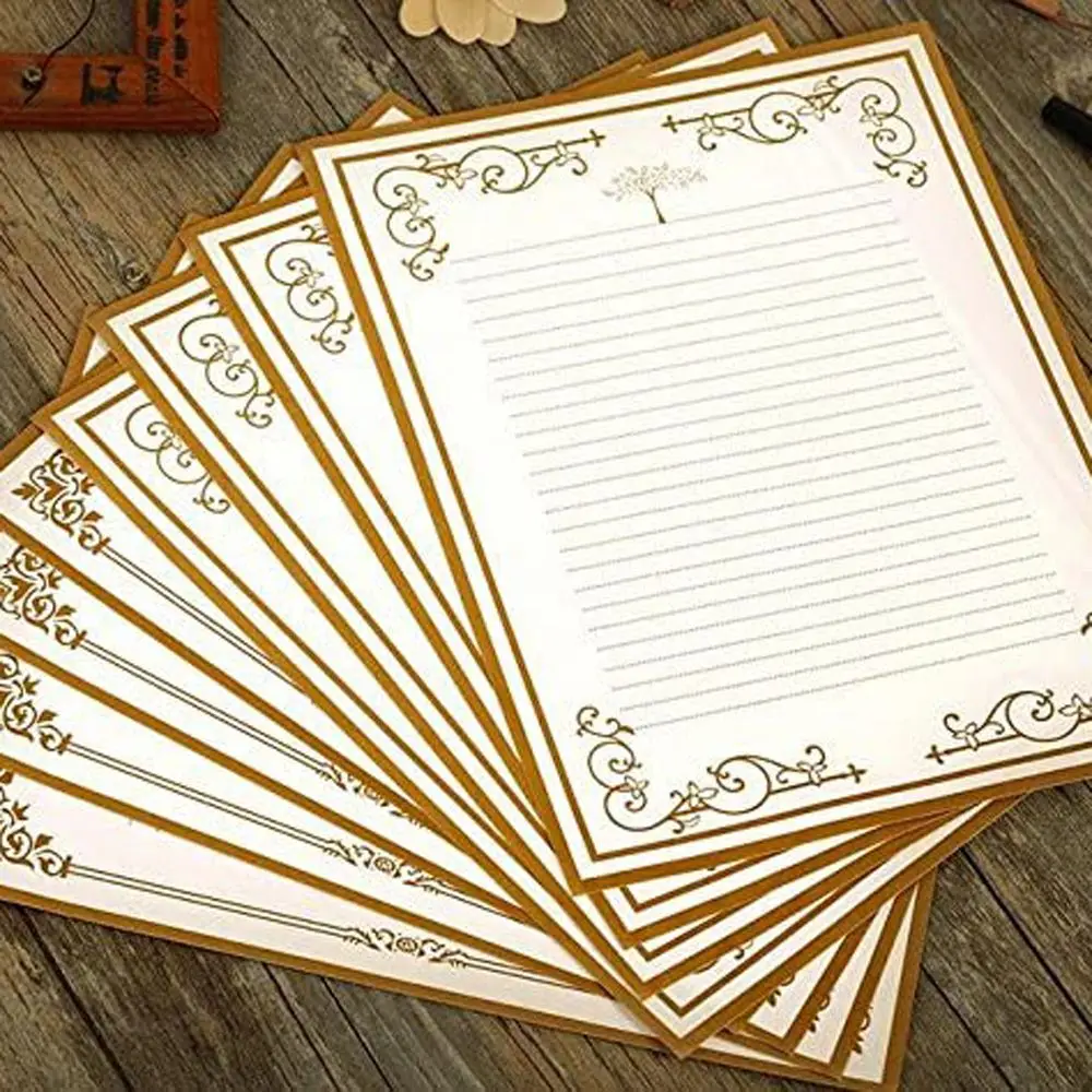 

8Pcs/set Vintage Lined European Style Kraft Paper Lace Side Letter Paper Writing Letters Letter Pad Stationery Paper
