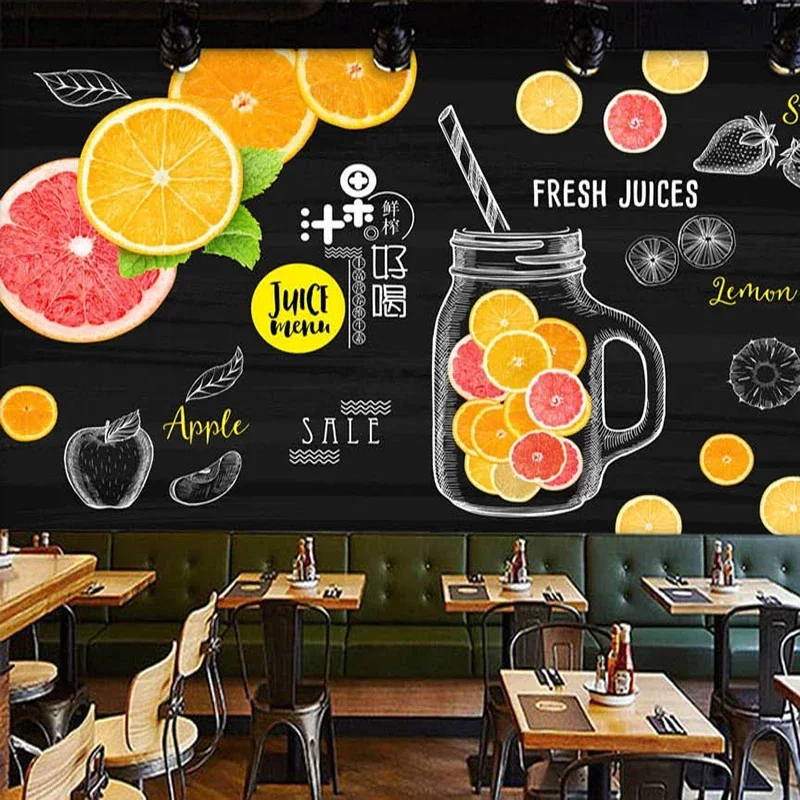 Custom 3D Poster Photo Wallpaper Hand Painted Orange Lemon Fruit Juice Drinks Home Decoration Mural Coffee Shop Bar Wall Paper