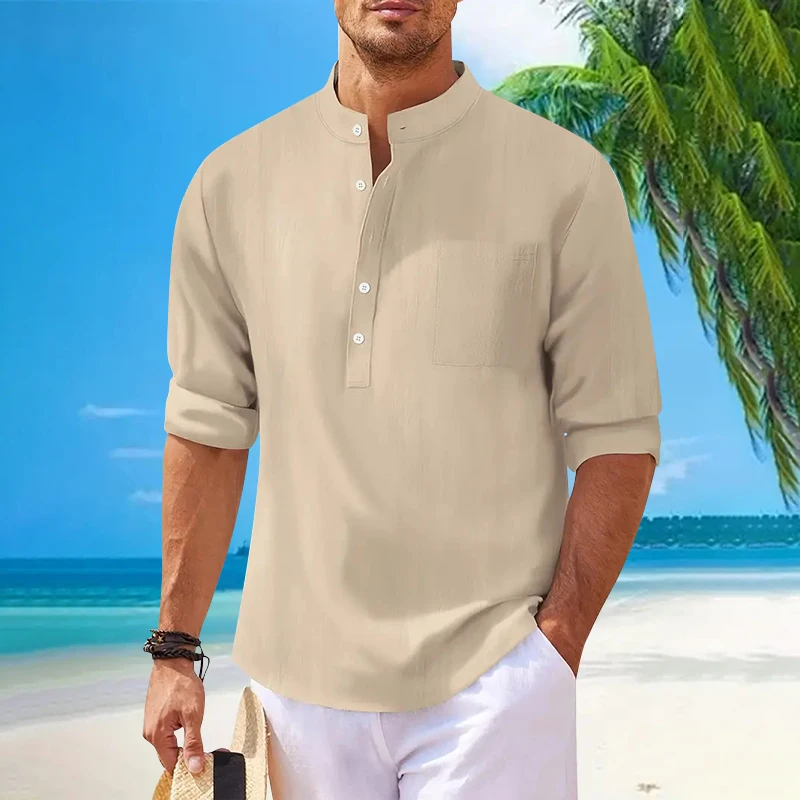 

Cotton Linen Hot Sale Men's Long-Sleeved Shirts Spring Autumn ventilate Solid Color pocket Stand-Up Collar Casual Beach Style