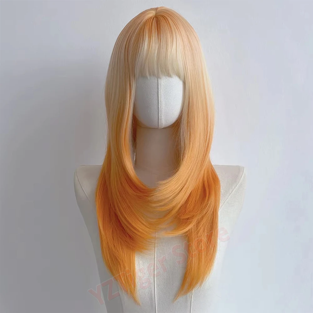 Long Straight Ombre Wig with Bangs for Women Gradient Synthetic Hair Orange Green Blue Purple Pink Wigs for Cosplay Daily Use
