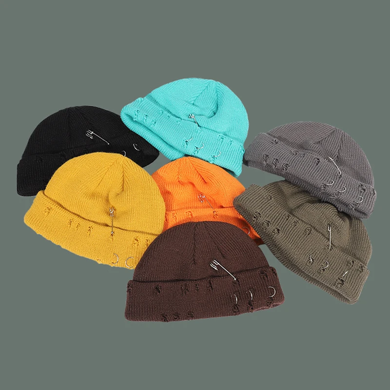 Unisex Knit Beanie Hats With Iron Rings & Safety Pin, Hip Hop Street Style Caps, Casual Outdoor Skull Cap