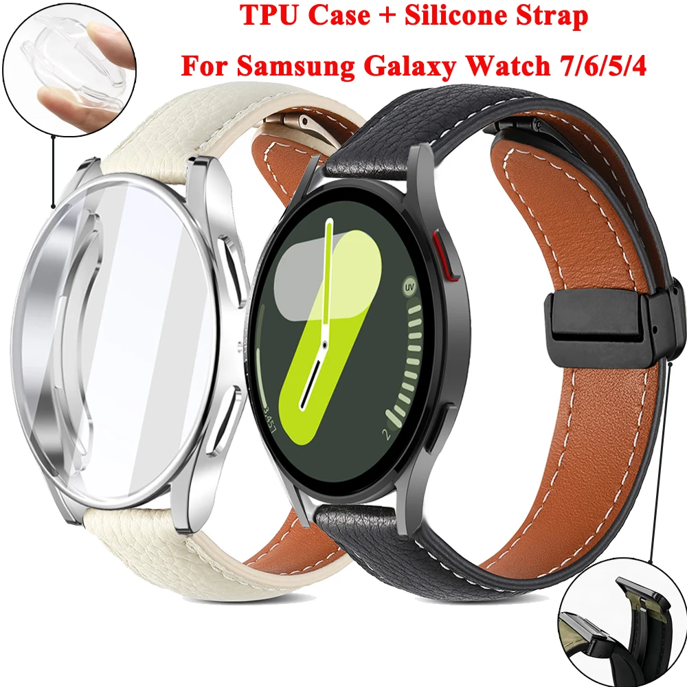 Hülle + Armband für Samsung Galaxy Watch 7 6 5 4 40 mm 44 mm Lederband Magnetschlaufe Armband Sportarmband mit weichen TPU-Hüllen