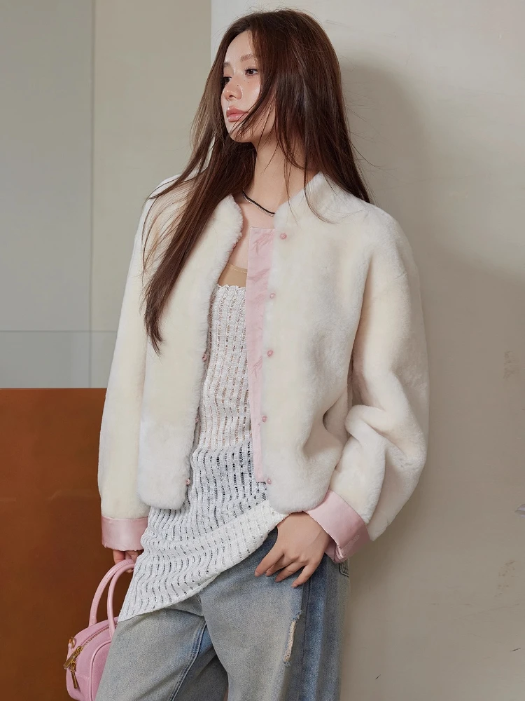 

High-end Luxury Merino Sheep Fur Winter Jackets for Women 2026 Simple Stand Collar Vintage Short Genuine Leather Real Fur Coat