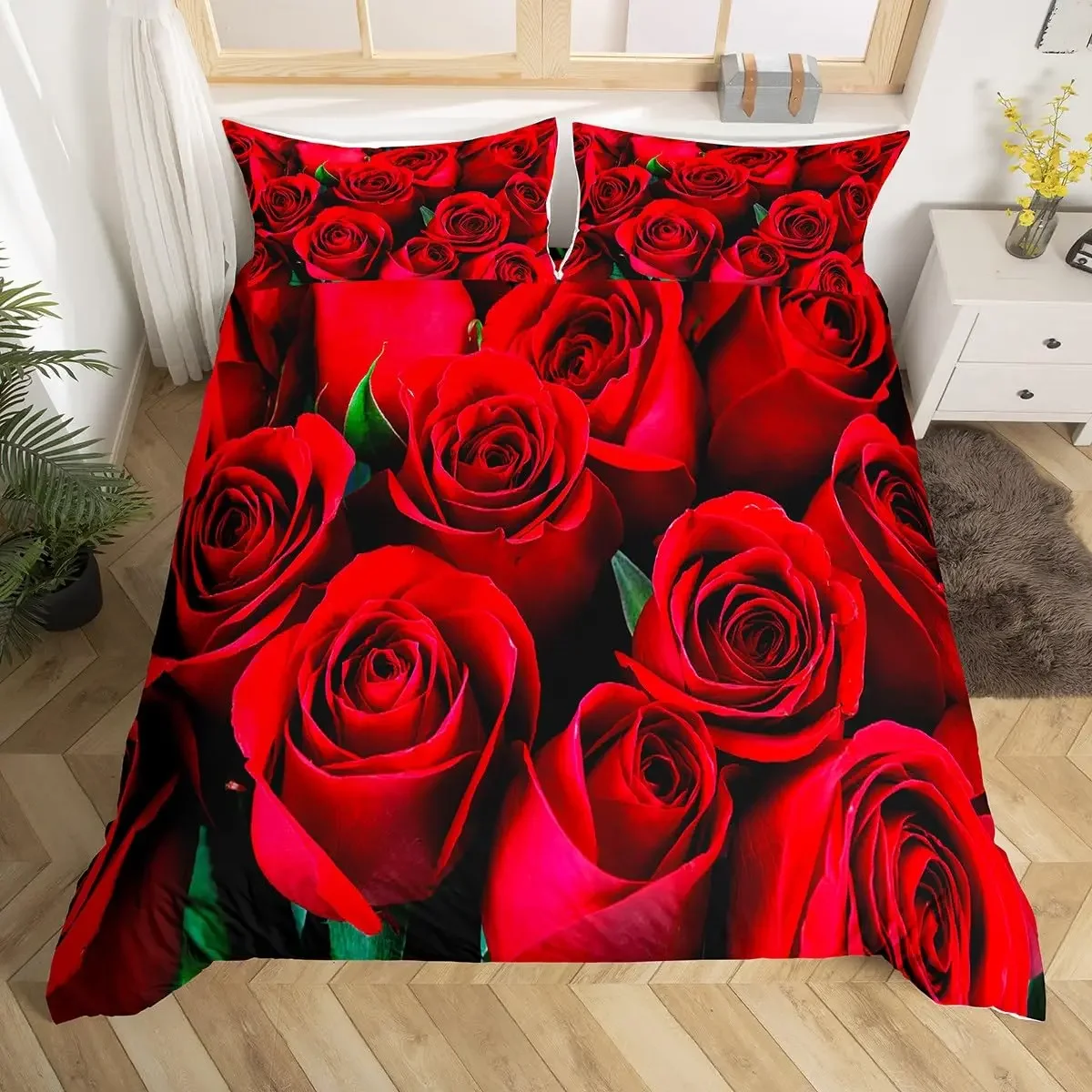 Red Roses Bedding Set Luxury Rose Floral Duvet Cover Girls Women Couple Lover Romantic Flowers Valentine's Day Comforter Cover