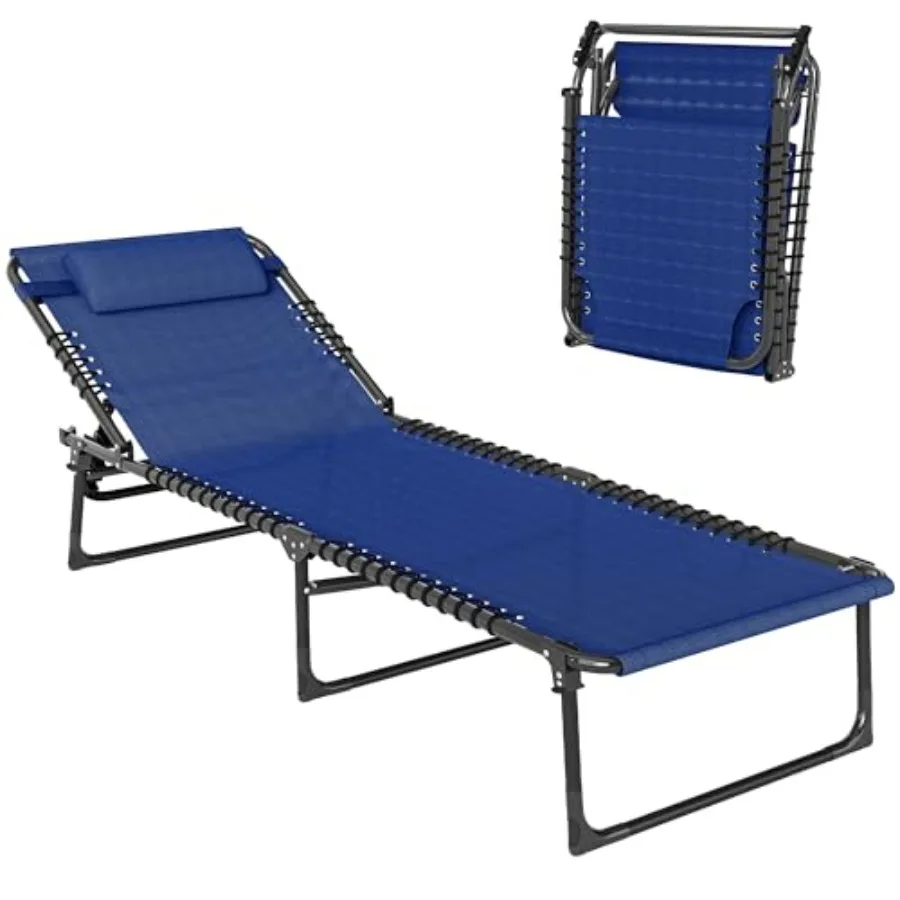 

Folding Chaise Lounge Chair for patio, poolside, beach and yard use; blue breathable mesh seat; 4-position reclining back; ligh