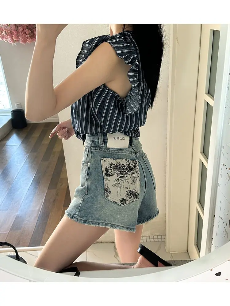 

Gagarich Retro Chinese Style Ink Wash High Waisted Denim Shorts Summer 2025 Plus Size Versatile Slimming A-line Hot Pants Trend