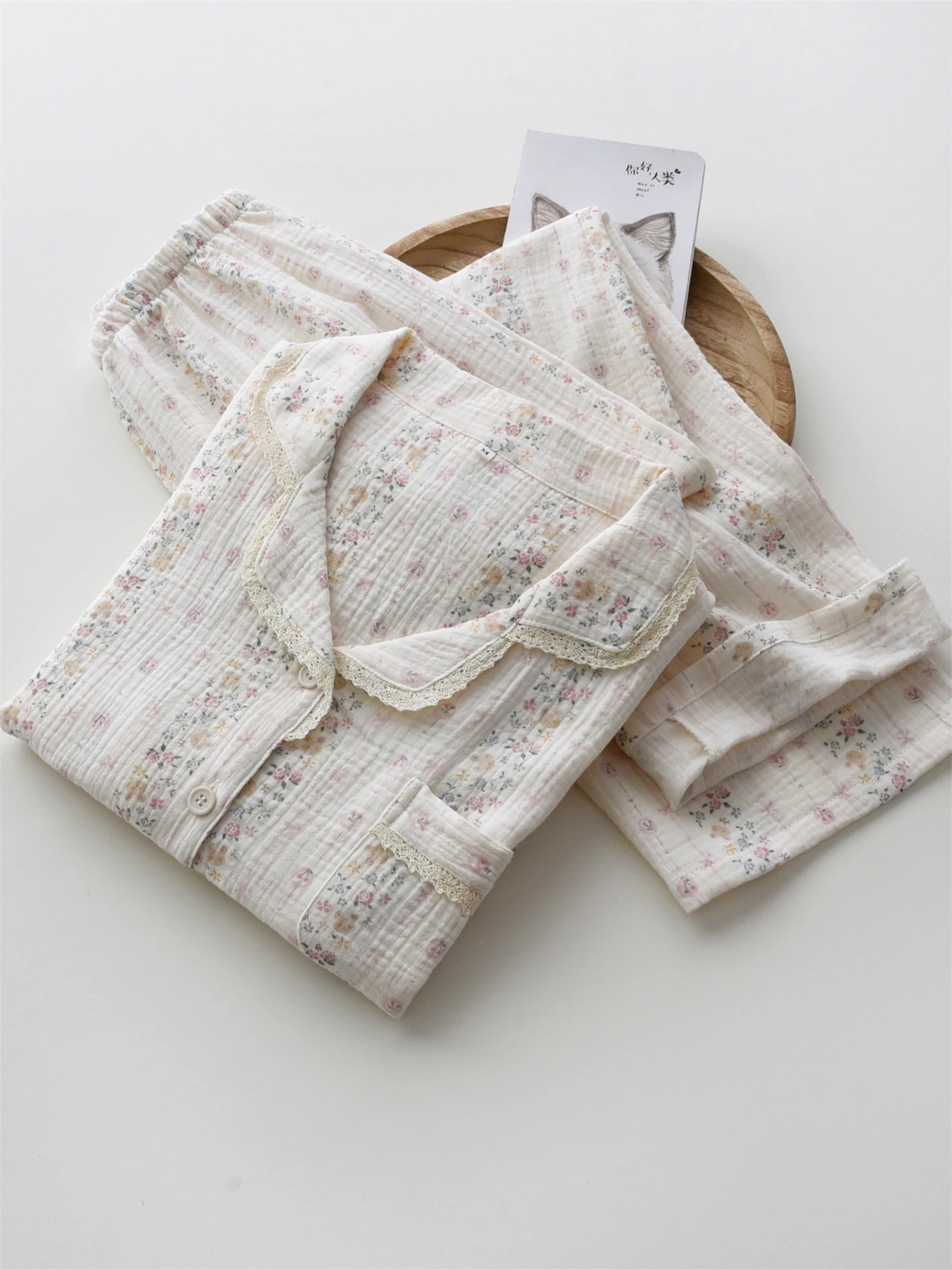 スイートチェリーラビットパジャマ女性の春夏純綿二重層ガーゼ長袖長ズボンホーム服セット