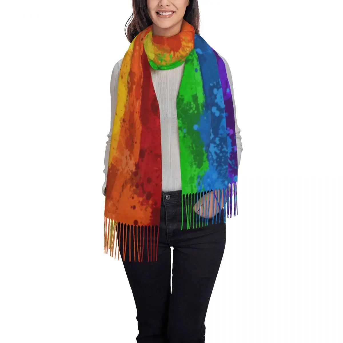 Lady Large LGBT Rainbow Paint Splatter Flag Scarves Women Winter Thick Warm Tassel Shawl Wrap GLBT Gay Lesbian Pride Scarf