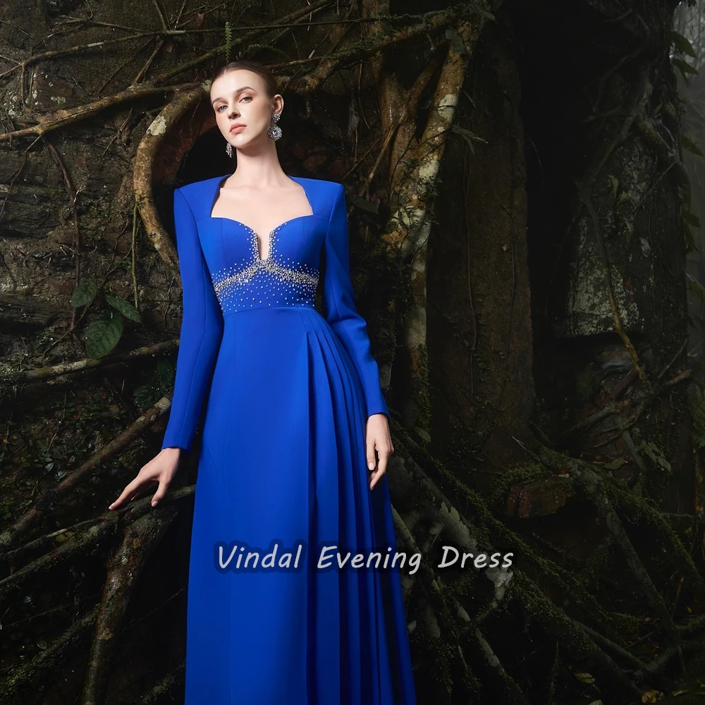 Vindal Crepe Floor length Square Neckline Sexy luxurious Beaded A-Line Breast Padding Elegant Long Sleeves السعود For Woman 2024