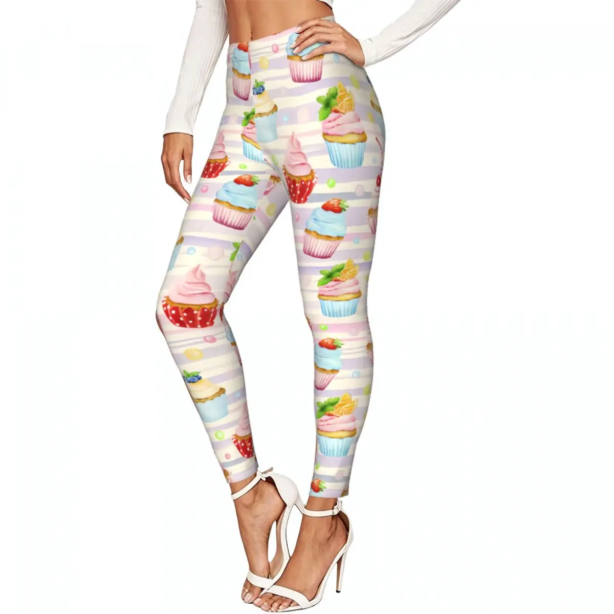 Ladies Elastic Waist Skinny Leggings Cupcakes On Striped Background Trousers For Daily Outdoor