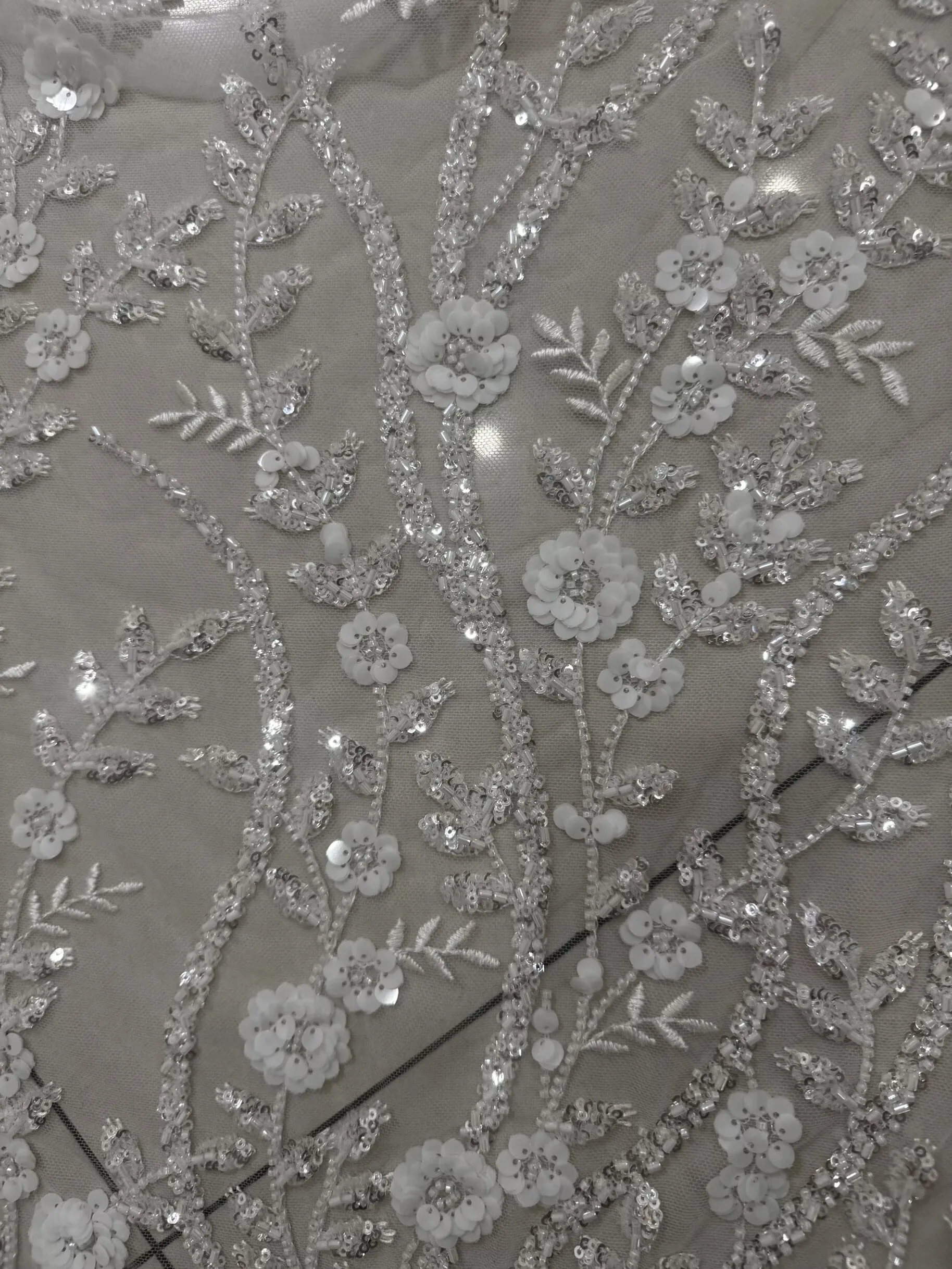 3D White Sequins Floral Embroidered Plant Beaded Tube Tulle Fabric for Stage Costumes DIY Wedding Dresses Material