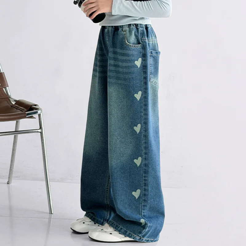 Girls Heart Print Wide Leg Jeans Casual Loose Denim Pants Kids Streetwear Trousers Cute Love Pattern Bottoms Spring Autumn 4-14Y