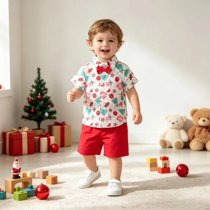 Newborn Infant Toddler Baby Boys Christmas Tree Santa Print Shirt With Red Bow Tie And Shorts Holiday Set 0 36M