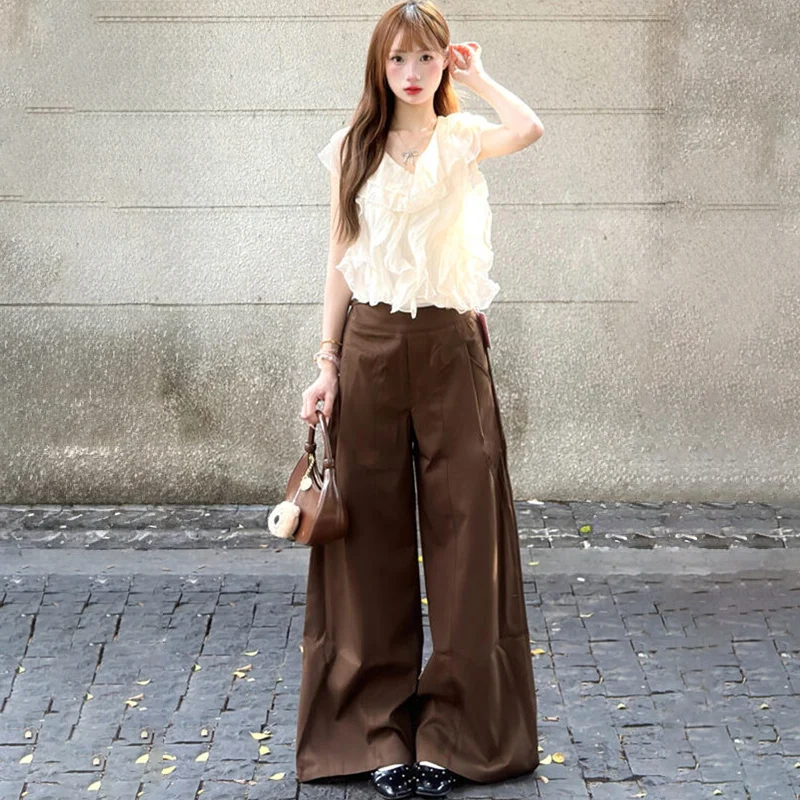 Y2K drapé kaki pantalon à jambes larges femmes printemps automne mince Baggy taille haute pantalon coréen léger luxe longueur au sol pantalon femme