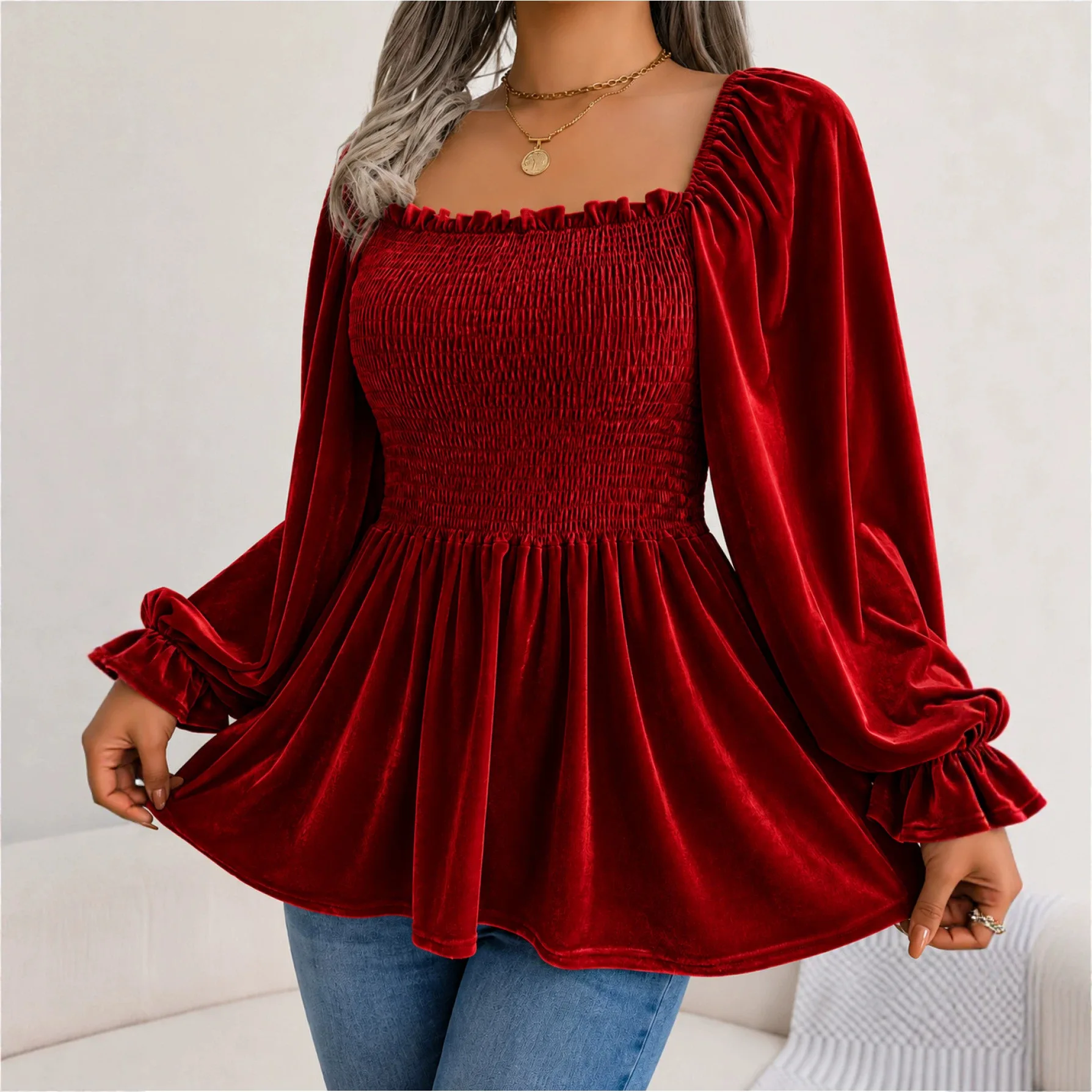Anno's Own Design 2026 Women's Random And Fashionable Velvet Roasted And Pleated T-shirt Top Robe Maxi Vestidos