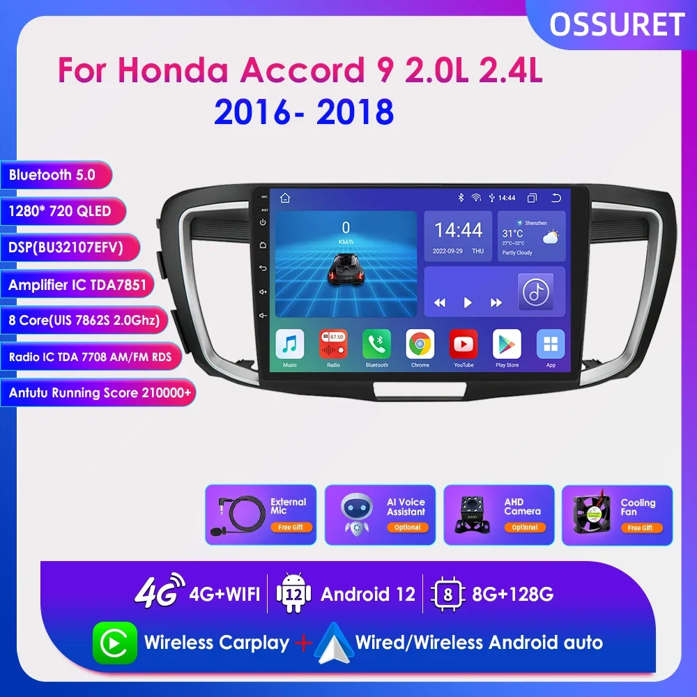 

10.1" 8 Core Carplay Car Radio Multimedia Player for Honda Accord 9 2.0L 2.4L 2012 - 2018 Android 12 GPS Stereo Navi DSP BT RDS