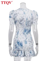 TTQV Sexy Slim Print Women's Dress 2026 Summer V-Neck Short Sleeve Mini Dresses Elegant Classic Ruffles Female Dress Streetwear - Image 6