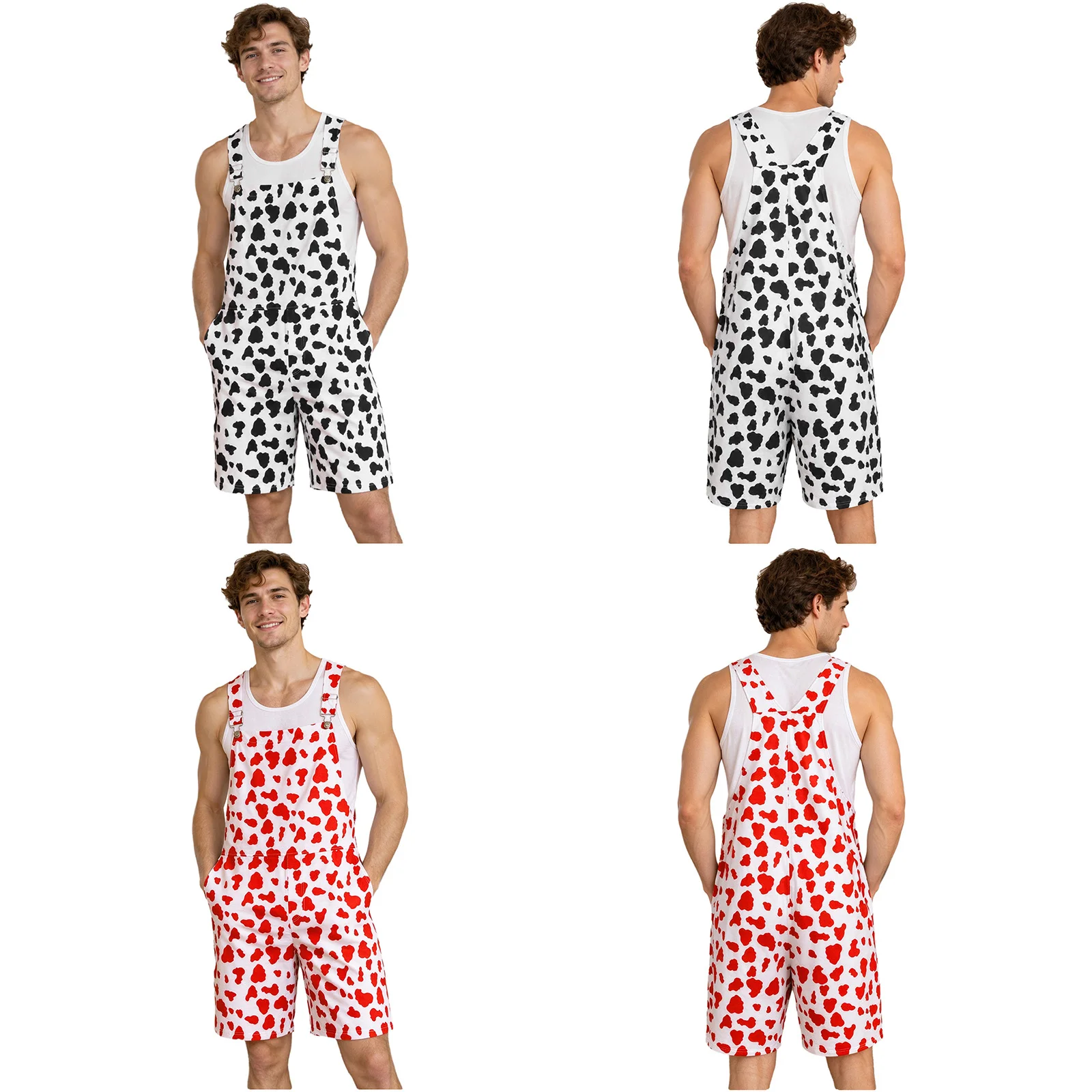 Men Cow Print Bib Casual Overalls Adjustable Shoulder Straps Rompers Thigh Length Jumpsuit with Pockets for Holiday Outings