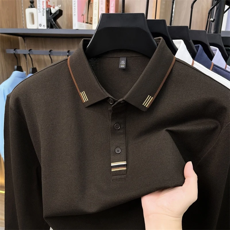 Hochwertiges Herren-Poloshirt aus weicher Baumwolle, Herbst-Neuheit, einfarbig, langärmelig, mit Kragen, modische Business-Herrenbekleidung – Detail 7