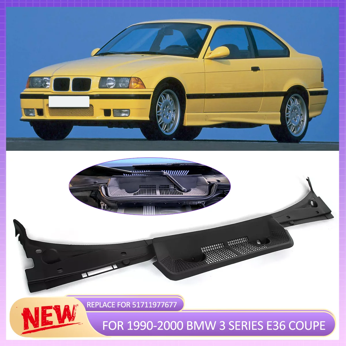 Image of Abdeckung für den Motor des Scheibenwischers der vorderen Windschutzscheibe für BMW E36 Coupé 318i 318is 323i 1992-2000, Schwarz, ABS, Ersatz für 51711977677