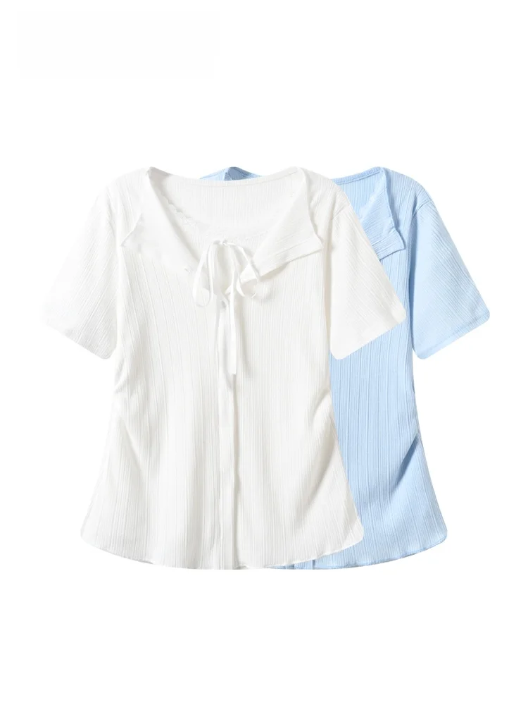 

plus Size Short Sleeve T-Shirt Women Summer New Style Casual Flattering Casual Shoulder Top Trendy Sweet Style Splice Polyest...
