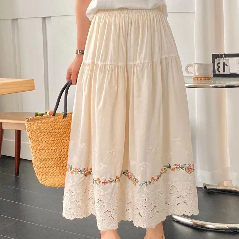 

New Sweet Fairy Mori Girl Skirt Women Clothing Embroidered Flower Elastic Waist Loose A-line Skirts Vestido Kawaii Skirts U148