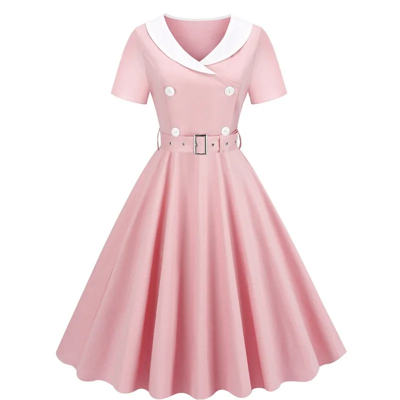 Pink blue black women retro button short sleeve v-neck slim A-line slim midi dress with belt Summer vintage 50s 60s party dress