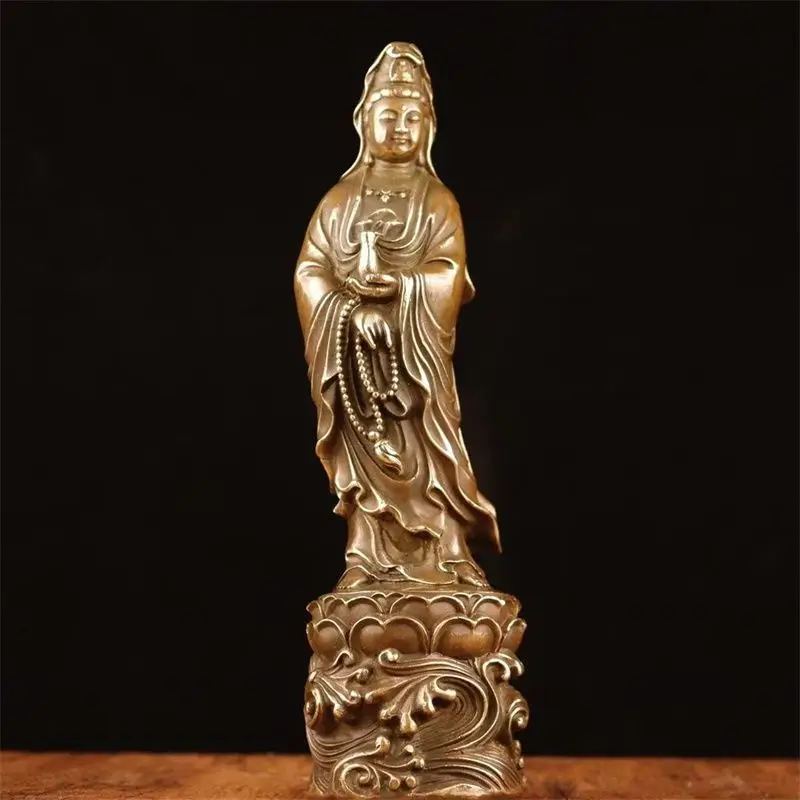 Copper Standing Lotus, Treading Waves, Guanyin Statue Guanyin Buddha Statue Office Home Decor Gift for Desk Ornament