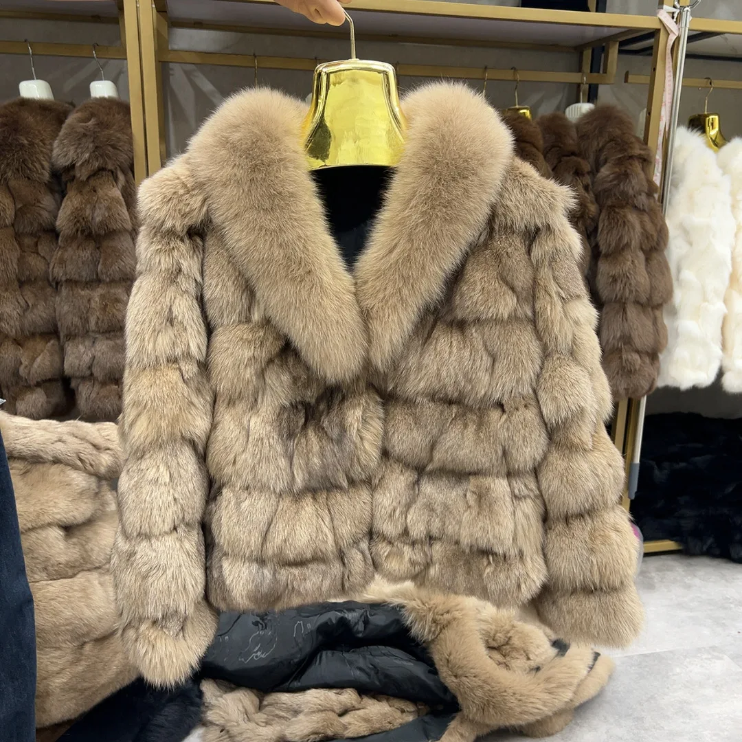 Chaqueta de Piel de Zorro Natural para Mujer HUA QIU MEI SI con Cuello de Zorro para el Invierno, Chaqueta Corta de Piel de Zorro Auténtica