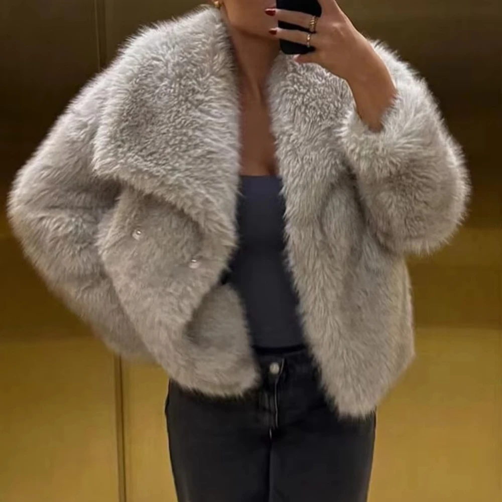 ZAD &ATA Chaqueta corta con efecto de piel Artificial para mujer, abrigo de mezcla de lana gris y negro, invierno 2024