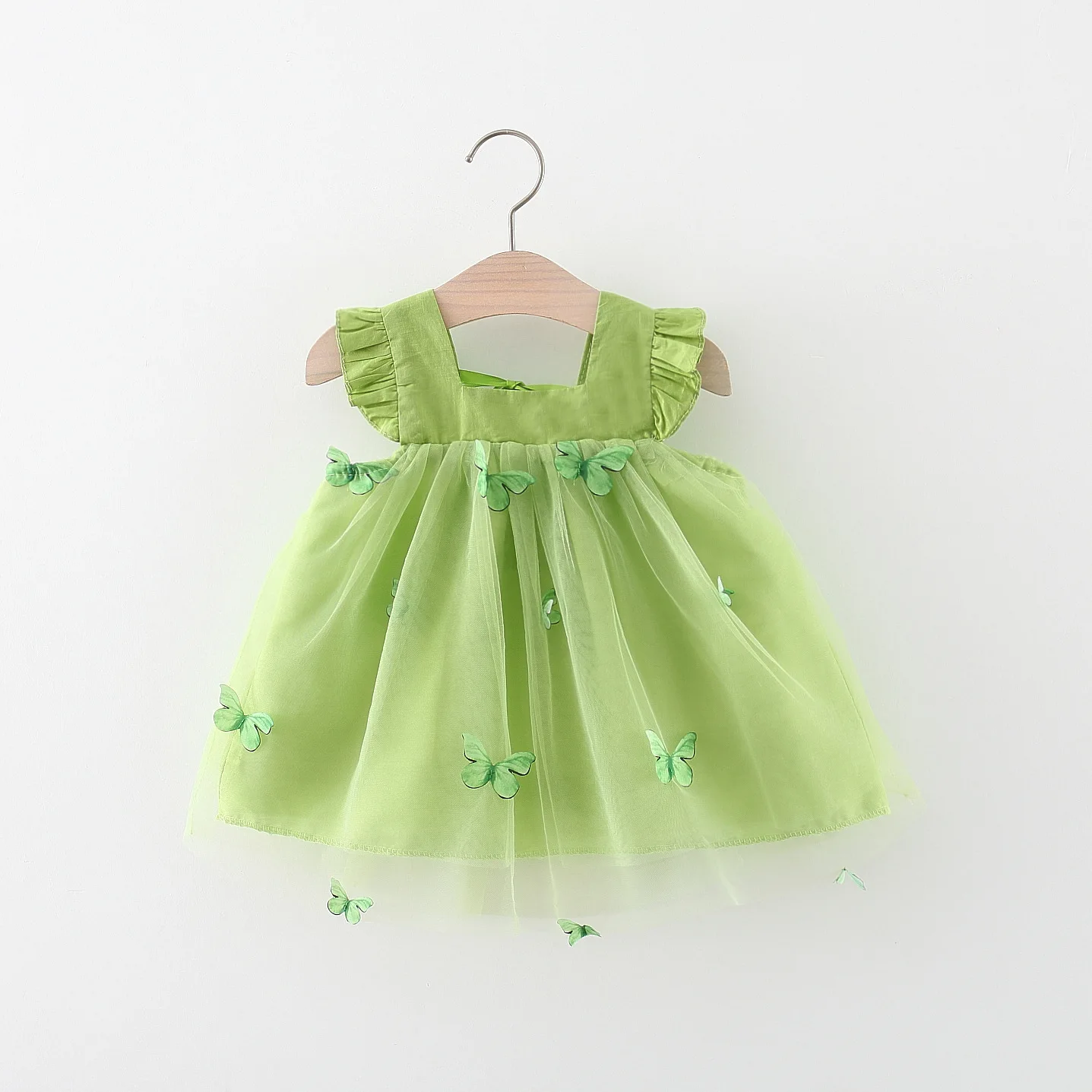 Summer New Dress Sweet Solid Color Flying Sleeves Mesh Butterfly Princess Dress Party Dress Suitable for 0-3 Year Old Babies