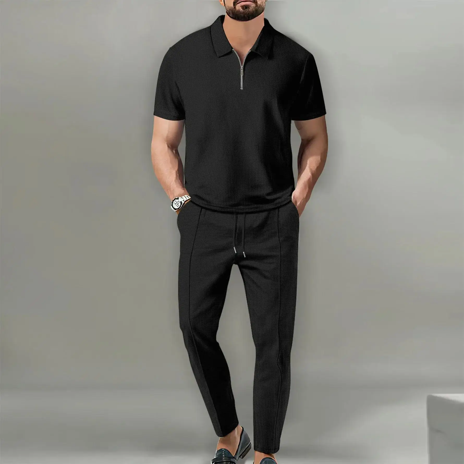 Nouvel ensemble décontracté homme automne 2026 style européen et américain, couleur unie, col gaufré, manches courtes, pantalon zippé