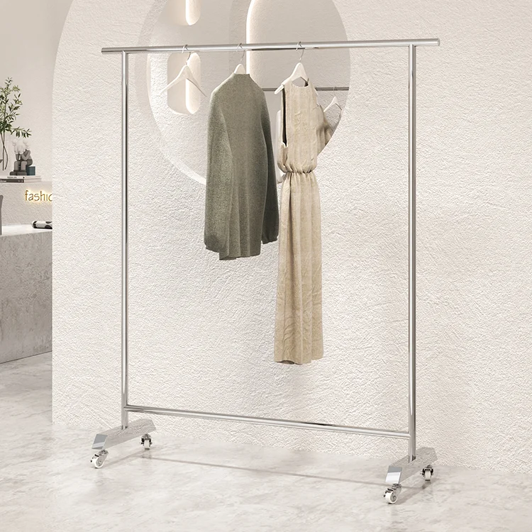 Floor-To-Ceiling Adjustable Stand Mobile Clothes Rail With Wheel Clothing Shop Stainless Steel Display Rack