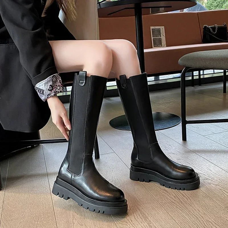 Women High Boots Fashion Woman Non-slip Waterproof Winter Zipper PU Leather Knee High Boots Women Chunky Platform Long Boots