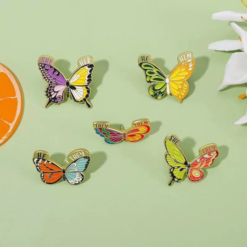 5 Style Butterfly Enamel Pin Third Person Pronouns He/him She/Her They/Them Brooches Lapel Pin Gift For Friend Jewelry Wholesale