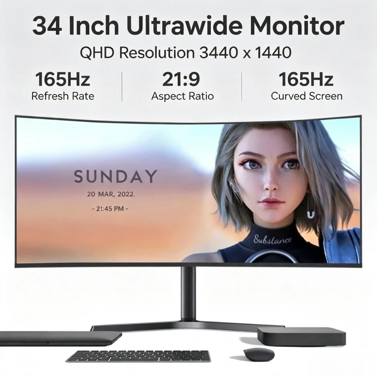 The brand-new 34-inch ultrawide display is quasi-4K165HZ esports HVA fast response 21:9 large curved screen