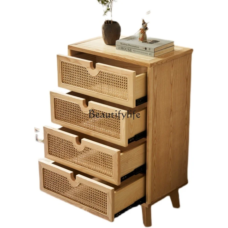 

Solid Wood Rattan Chest of Six Drawers Simple Modern Living Room Drawer Four Bucket Locker