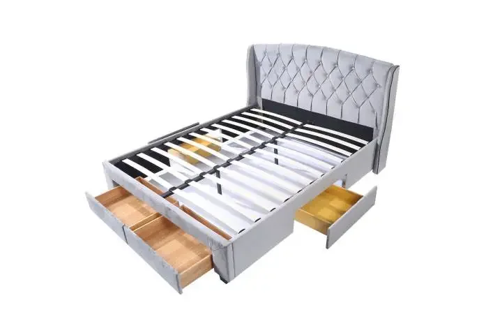 Customized Bed Frame Cheap Modern Style Modern King Size Upholstered Platform Bed Frame With Nail Wing Headboard Queen Beds