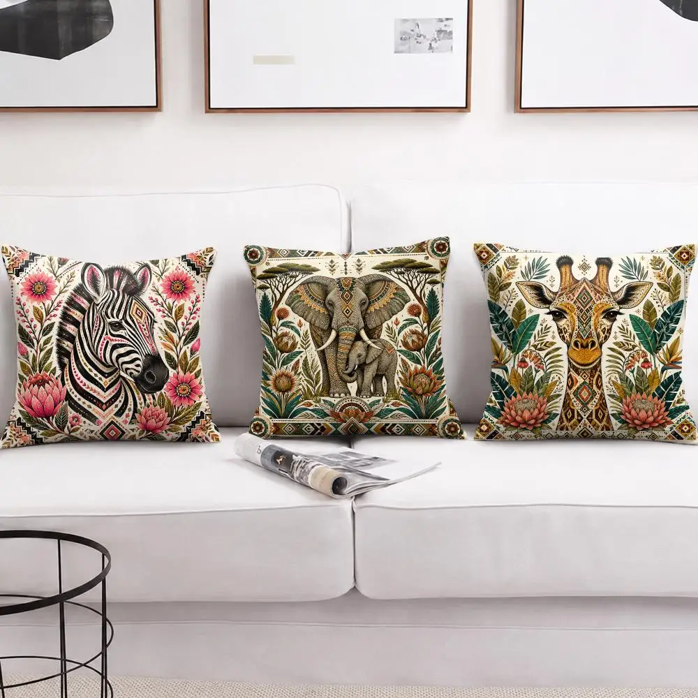 African Safari Tribal Wildlife Animal Cushion Cover Soft Short Plush Pillow Cases Hidden Zipper Cutecore Sofa Bedroom Home Decor