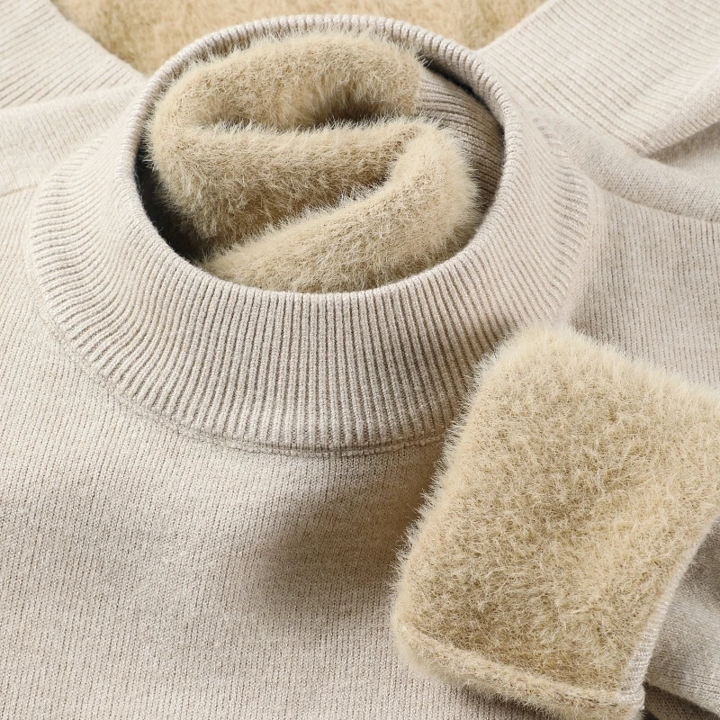 

Мужской зимний утепленный свитер с флисовой подкладкой и вельветом, теплый, с высоким воротником, вязаный, однотонный, базовый, с круглым вырезом