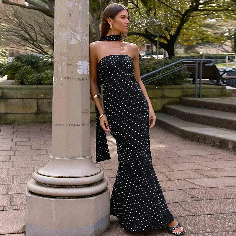 فستان ماكسي نسائي مثير بدون حمالات بدون ظهر مطبوع عليه نقاط بدون أكمام بدون أكتاف فساتين ضيقة للحفلات والنوادي للخريف والشتاء #1