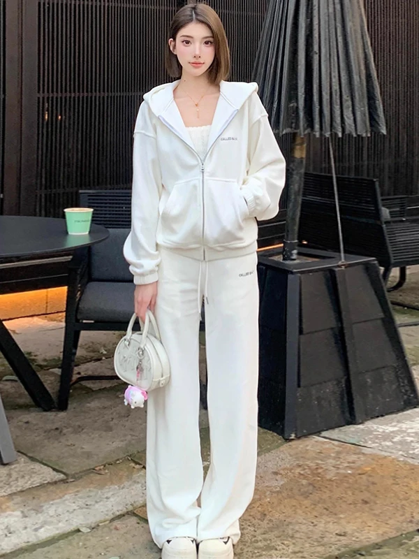 

Повседневный спортивный костюм для женщин: свободный топ в корейском стиле и широкие брюки, комплект из двух предметов, простой и элегантный, весенняя коллекция