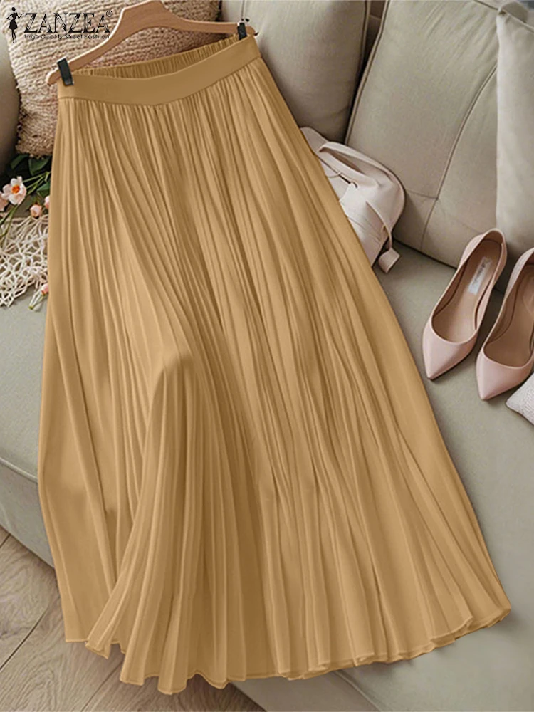 Autumn Elastic Waist Office Skirts 2025 ZANZEA Women Jupe High Waist Solid Pleated Midi Skirt Elegant A Line OL Work Faldas Saia