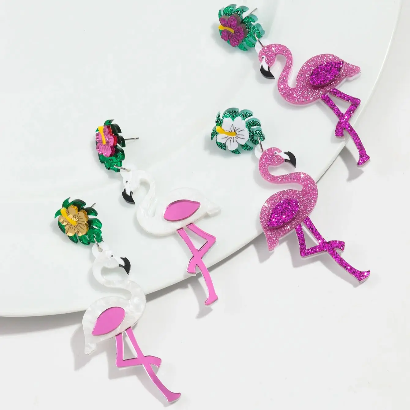 Pendientes de gota de flamenco con purpurina acrílica para mujer, Pendientes colgantes de flor y pájaro, joyería de moda femenina, regalos de verano