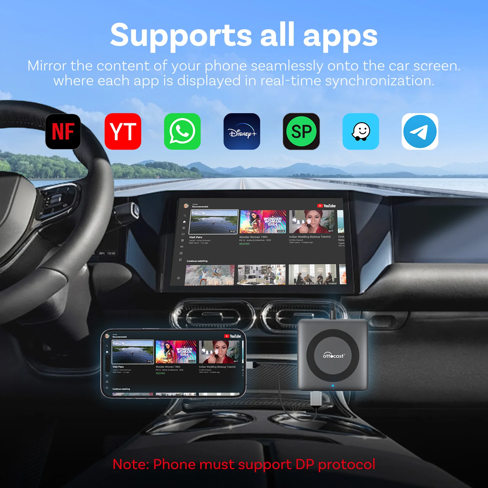 OTTOCAST Car TV Mate Pro – kabelloser CarPlay-Adapter, HDMI-Autoadapter, kabelloser CarPlay-Adapter mit 1080P-Videoübertragung, kompatibel mit Fire TV Stick, Plug & Play.