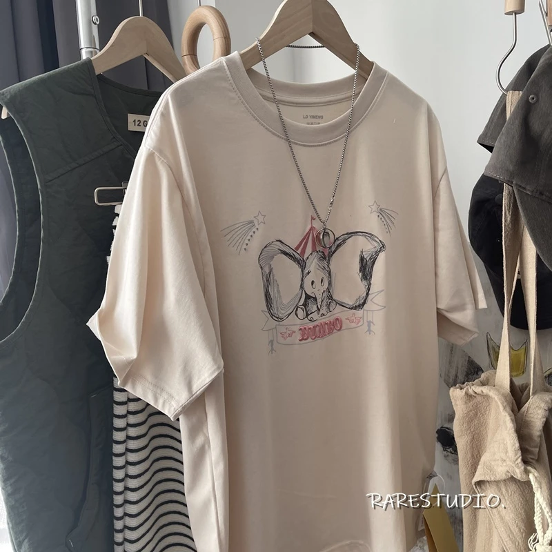 Korean New Trend Women's Tees Cartoon Elephant Printing Khaki Color T-shirt O-neck Bottom Layer Shirt Slim Fit  Women's Top