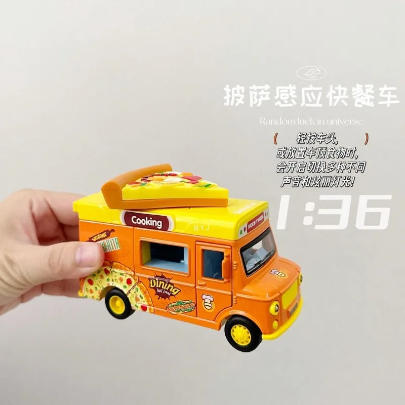 1/36 Magnetic Induction Fast Food Truck Alloy Diecast Car Model Toy with Sound Light Pull Back Collection Gifts for Boy Birthday