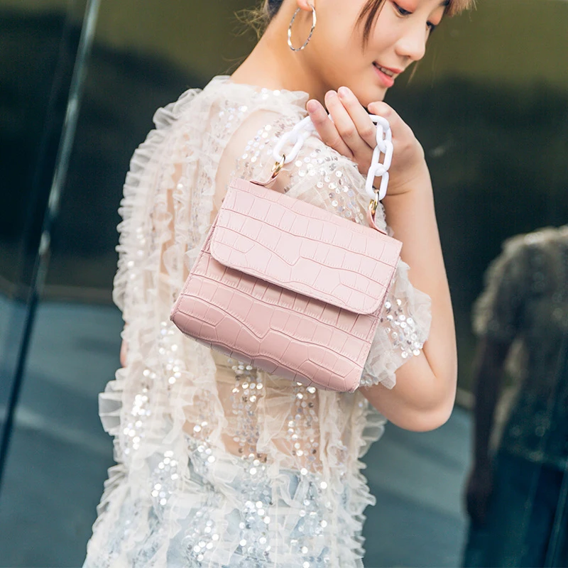 Fashion Women Mini Shoulder Bag Candy Color Acrylic Chain Jelly Bags Crocodile Pattern Leather Crossbody Bags Casual Handbag New