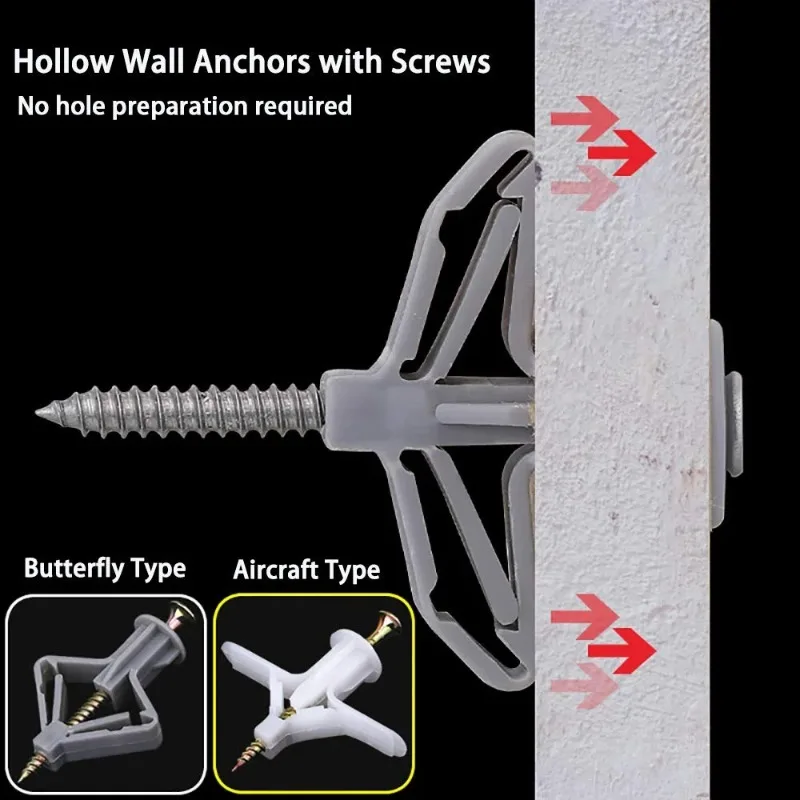 100/10sets Plasterboard Dowels with Fixings Screws Self-Drilling Expansion Screw Tube Drywall Anchor Fastener Kits Hardware Tool