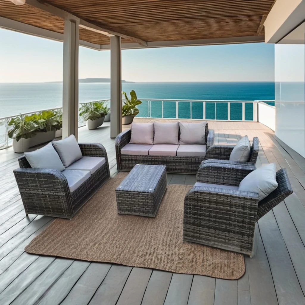 

Modern Outdoor Garden Steel Frame Patio Sofa Set All Weather Wicker Rattan Sectional Lounge Aluminum Frame Plastic Cushion